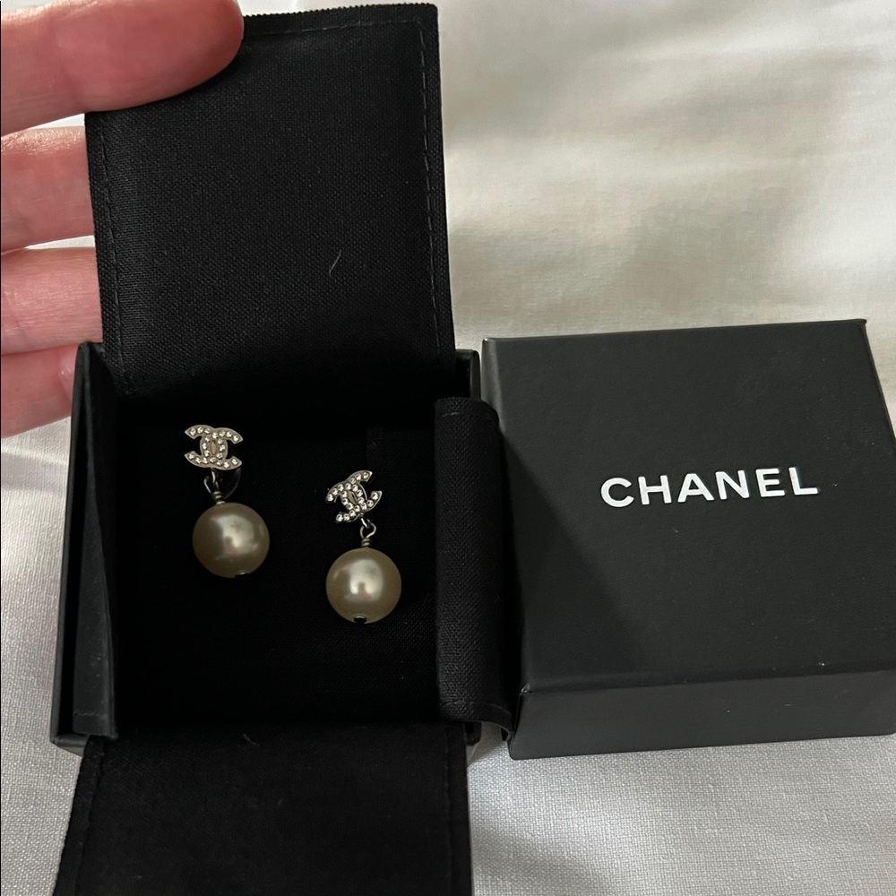 CHANEL Pearl and Silver Crystal Earrings